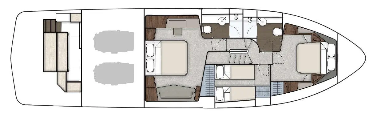 Boat interior layout featuring two cabins, two bathrooms, a lounge area, kitchen, and stairs for access to upper deck.